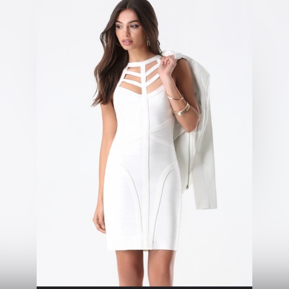 BEBE bandage DRESS off white caged bandage dress